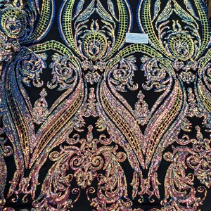 Iridescent Lavender/Black &quot;Hourglass Design&quot; 4 Way Stretch Nylon Spandex Mesh Sequin Fabric