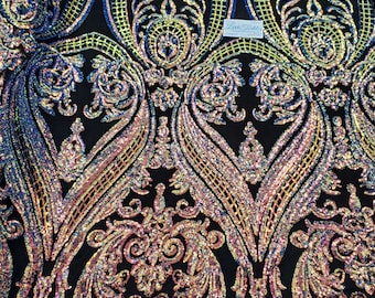 Iridescent Lavender/Black "Hourglass Design" 4 Way Stretch Nylon Spandex Mesh Sequin Fabric