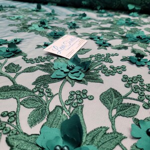 Emily 3-D Floral Design Embroider with Pearls On A Mesh Lace Fabric (1 Yard, Kelly Green) main image 0