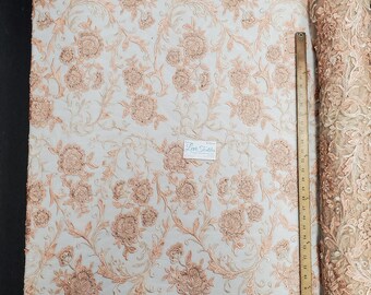 Blush Peach Beaded Floral Lace Fabric – Embroidered Pearls, Double Scallop