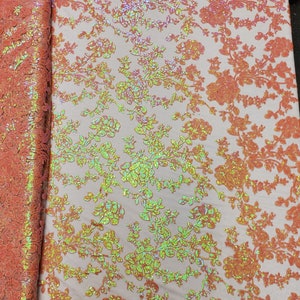 Iridescent Coral Floral Embroidery on Nylon Crochet Mesh Prom Sequin Fabric - "The Kelly Lace"