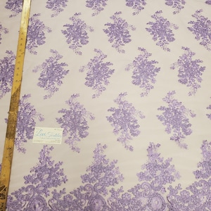 Lavender &quot;The Ozzy Lace&quot; Floral Embroidery w Cording on Mesh Lace Fabric Sold BTY - Wedding Prom Gown Lace Double Scalloped (#13-002)