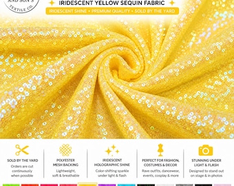 Könnte beinhalten: Sunbeam Gold irisierender gelber Paillettenstoff mit Netzrücken. Das Textil hat eine leuchtende gelbe Farbe mit holografischen, lichtreflektierenden Pailletten. Der Text umfasst MOZI AND SON'S TEXTILE CO., SUNBEAM GOLD und Produktdetails.