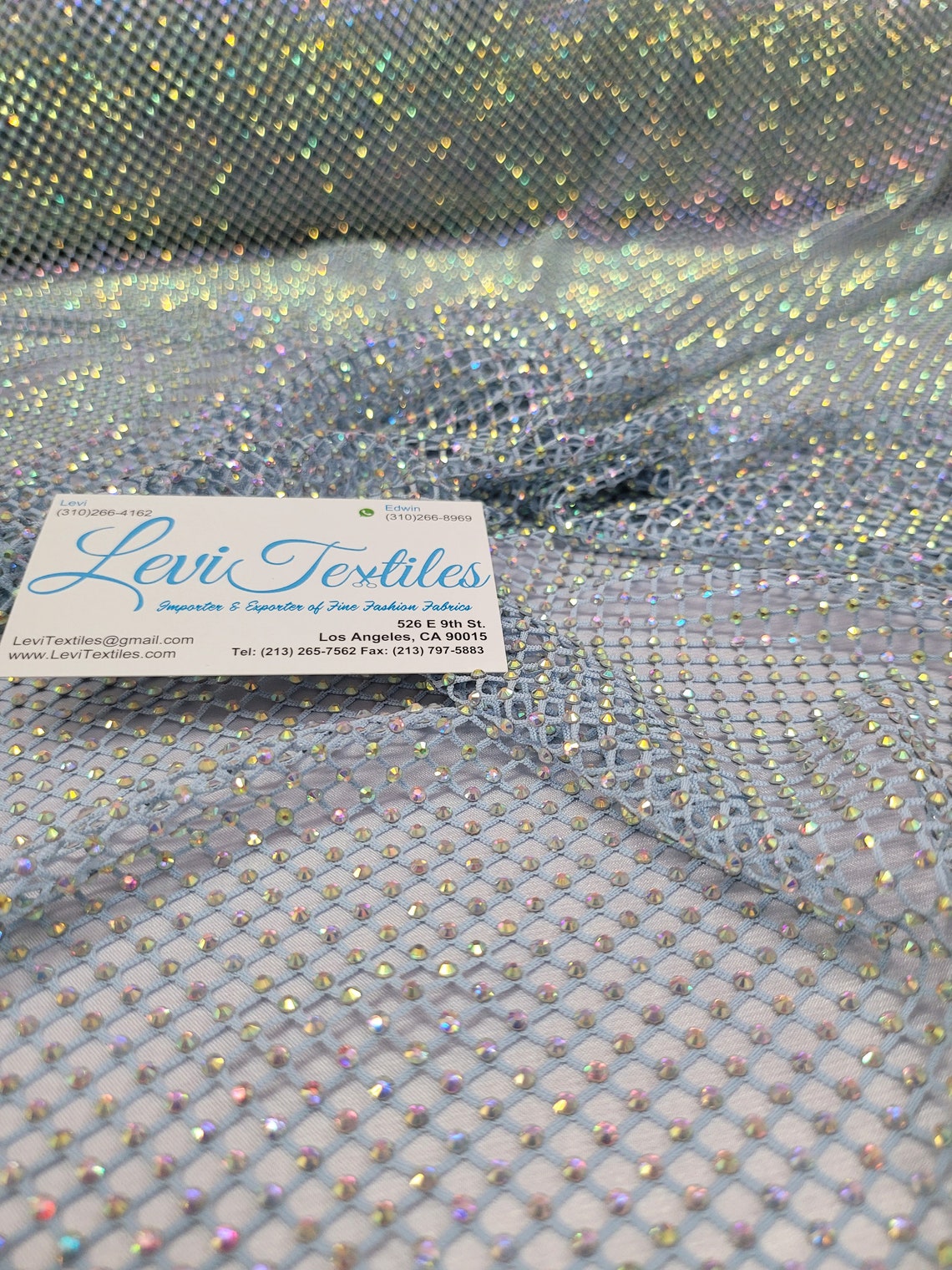 Iridescent Rhinestones On Soft Stretch Fish Net Fabric 45