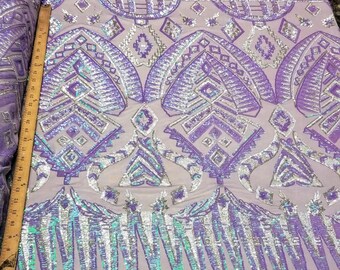 Schillernde Lila/Hologramm Silber Stretch Nylon Spandex Mesh Pailletten Stoff "Aztec Tribal Design"