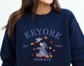 Embroidered Eeyore Fall Leaves Sweatshirt, Cozy Fall Crew Neck for Friends Family Men Women Kids Disney Matching Custom Unique Made To Order