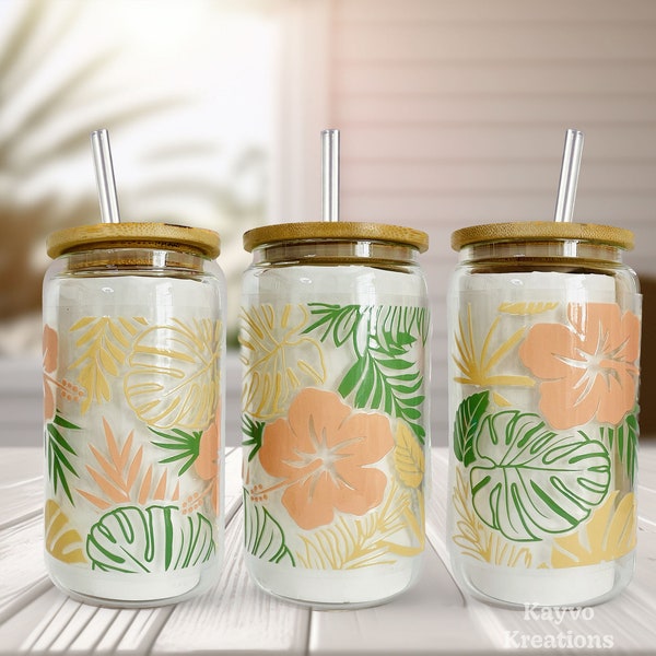 Soft Hawaiian 16oz Libbey Glass Beer Can Tumbler with Bamboo Lid and Glass Straw-Reusable