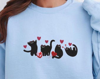 Sudadera de San Valentín con gatos negros bordados. Lindos gatitos. Regalo para novia, esposa, hermana, mamá, maestra, amiga, amante de los libros.