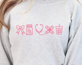 Sudadera bordada con diseño de enfermera, doctora, UCIN, profesional de la salud, con estetoscopio RX, color de hilo personalizado, acogedora, regalo para la escuela de enfermería