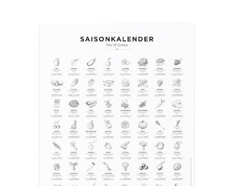 Calendario de temporada de frutas y verduras en el jardín, decoración de cocina, calendario de pared como decoración de pared, póster en blanco y negro con y sin marco