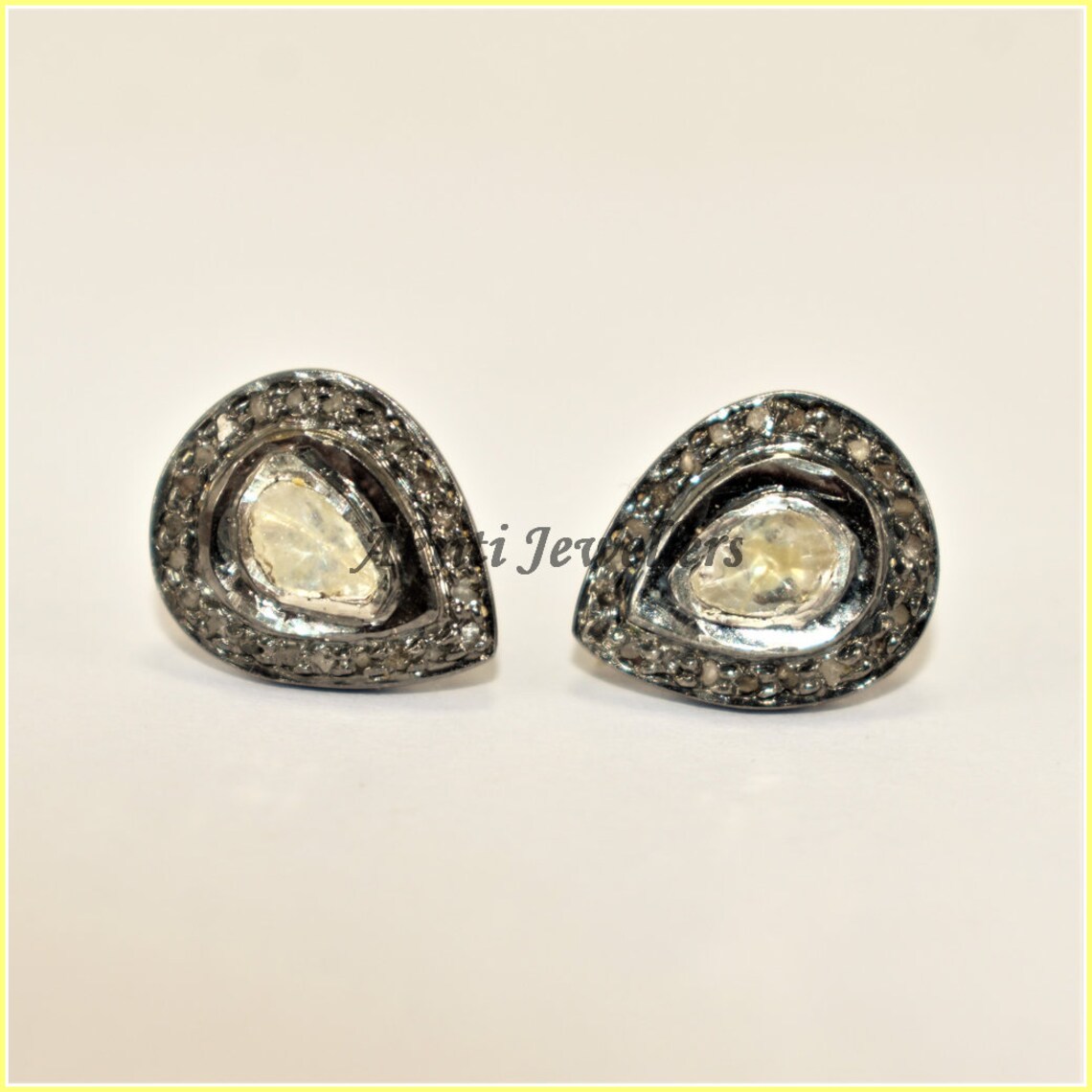 Schwarzer Tropfen Form Stud Polki Pave Diamant 925 Sterling | Etsy