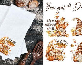 Fall kitchen towels, Pumpkin Spice, Towels, Autumn Towels, Fall Gnome Towels, Flour Sack Towels, Gnome towels, Gnomes, Gifts, Holiday towels
