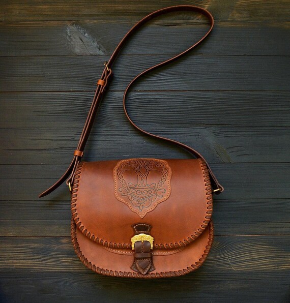 Viking brown leather bag Scandinavian handbag Mjolnir Etsy