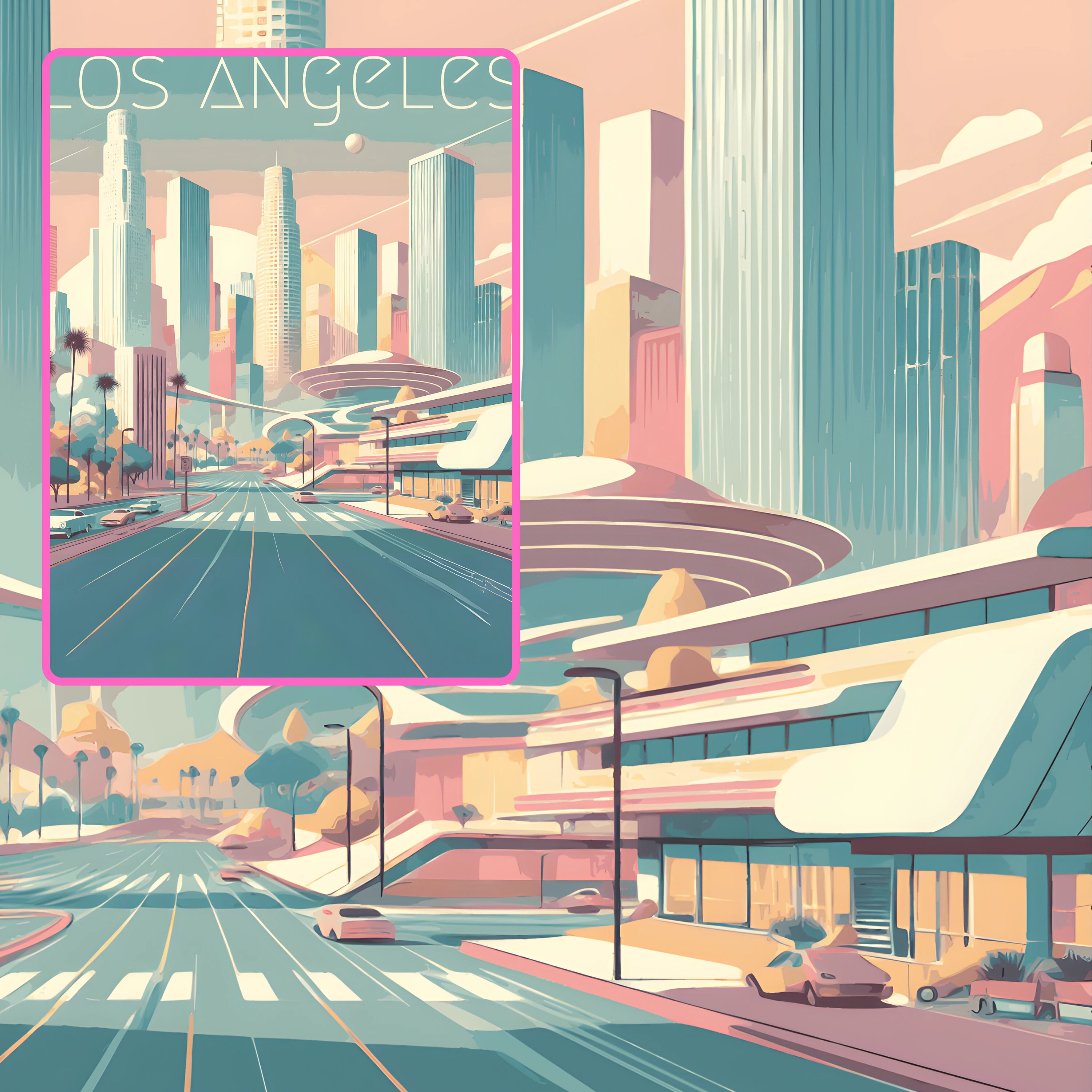 Poster futuriste de la ligne d'horizon de Los Angeles - Impression ..., حجم الصورة 3000x3000