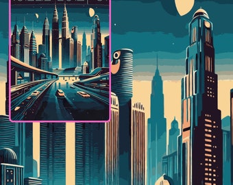 Kuala Lumpur Skyline Futuristic Poster - Midcentury Modern Sci-Fi Art Print with Techno Vibes