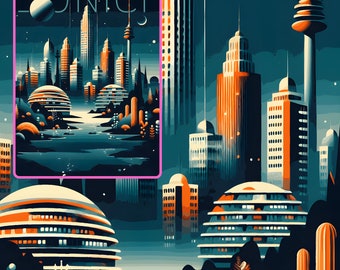 Munich Skyline Futuristic Poster - Midcentury Modern Sci-Fi Art Print with Techno Vibes