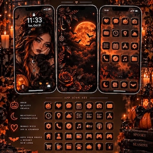 May include: A digital phone theme set titled Eve featuring three smartphone displays with dark orange and black imagery, including a portrait, a moonlit landscape, and app icons. Below are rows of matching orange app icons and text descriptions.