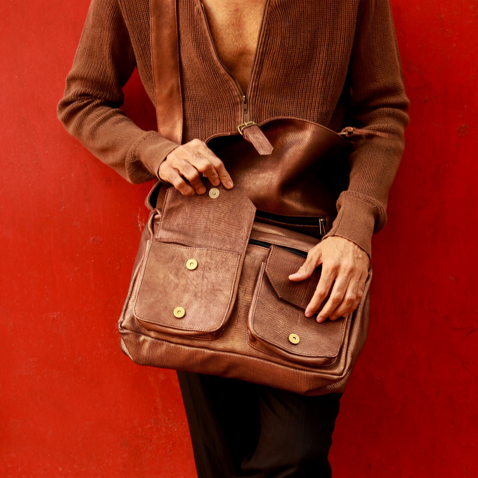 metallic messenger bag