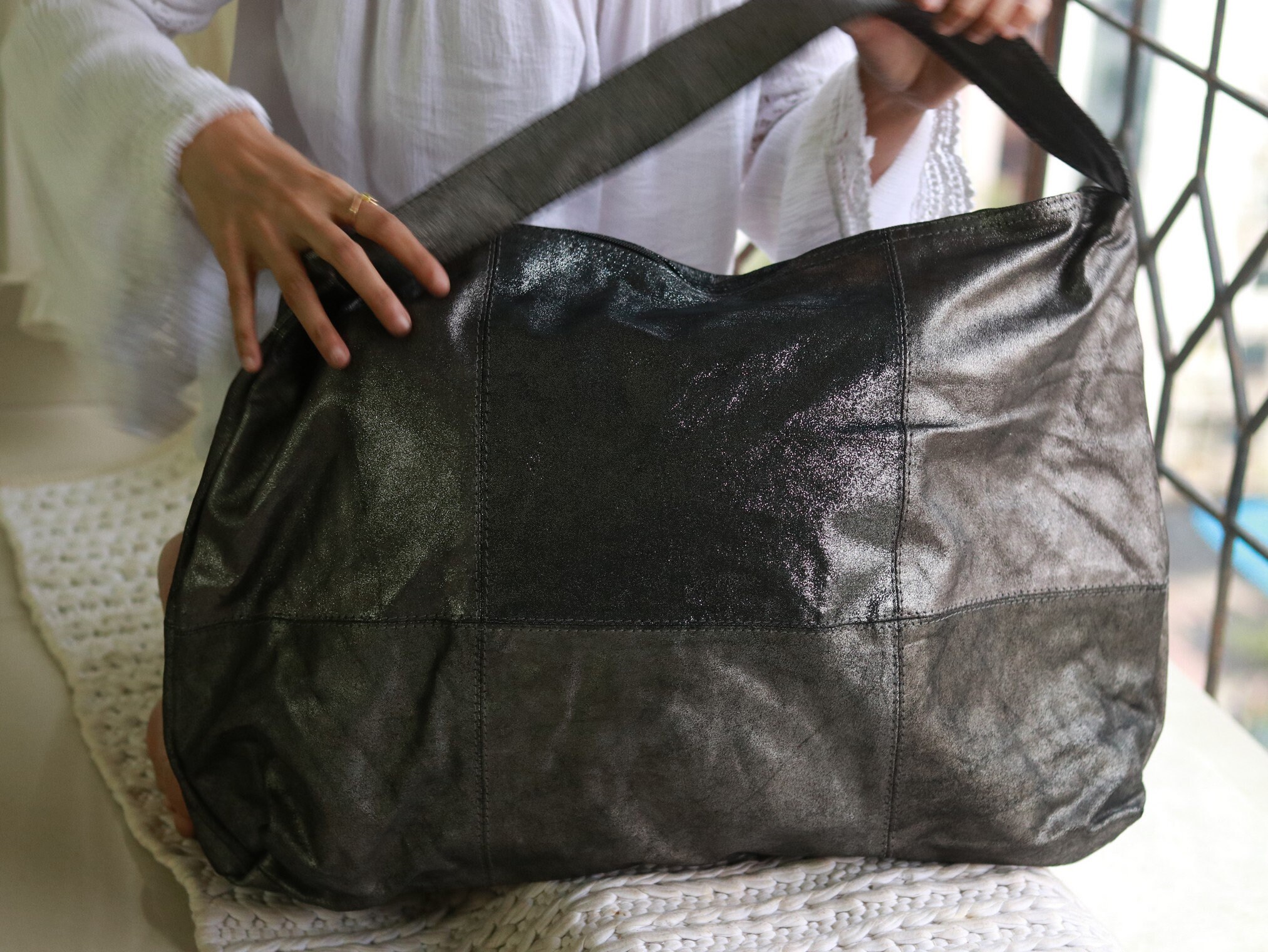 SILVER BAG LEATHER , Women Soft Leather Bag, Big Bag, Shoulder Bag