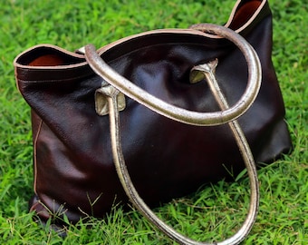 Genuine Leather Tote Bag: Metallic Handle Office Bag