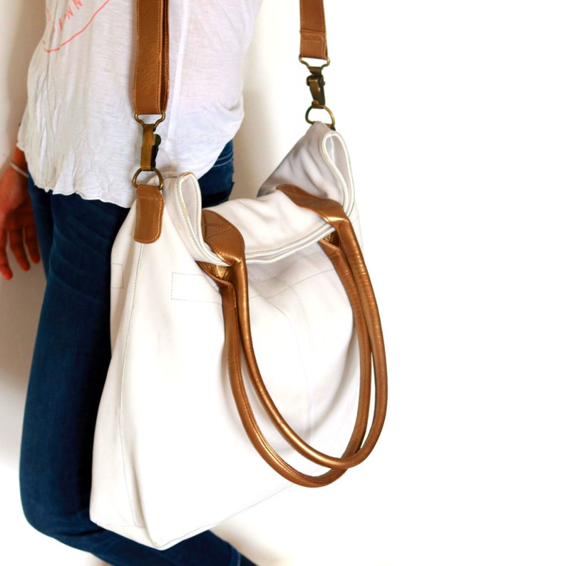White Bucket Bag in Leather Large Size Leather Tote Bag Etsy