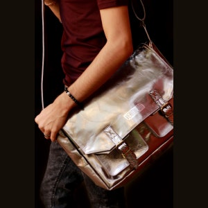 Silver Leather crossbody Bag | LARGE MENS CROSSBODY bag | Men women Messenger Bag  | Silver Metallic Sling Bag | Leather Bags for Men Women