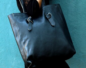 Black Leather Tote Bag: Handmade Full Grain 15" Laptop Bag