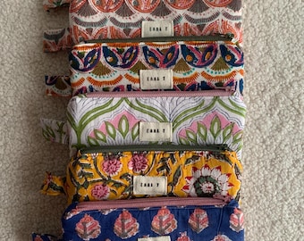Quilted zip-top pouch in Indian fabric - handcrafted, lined pouch
