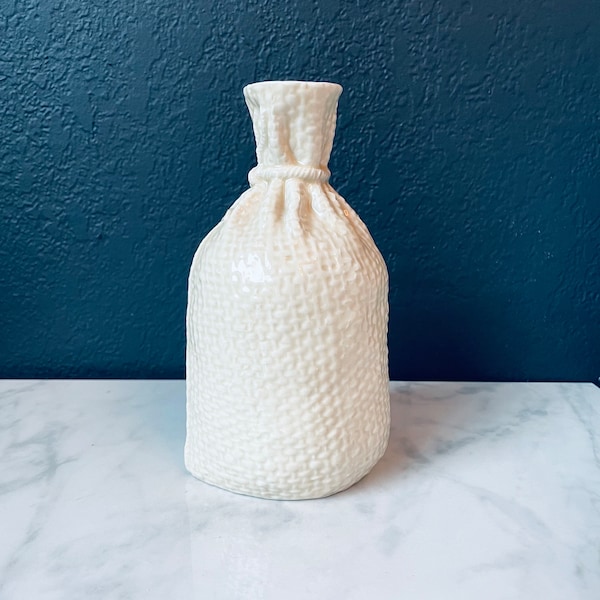 Neiman Marcus Ceramic Vase Italy Sack Burlap Bag Rare 7.5”