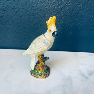 Cockatoo Bird Trinket Pill Box Enameled magnetic  Hinged Rhinestones