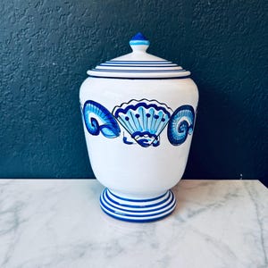 Deruta Starbucks Two Toned Blue Shell Stripe Biscotti Jar w Lid Sberna Seashore 8” h
