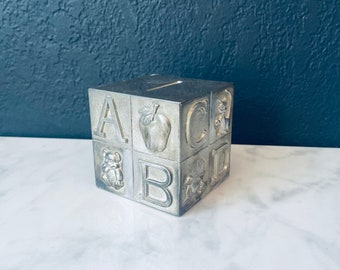 Alphabet Block Silver Plated Coin Piggy Bank 3” Cubed Kids
