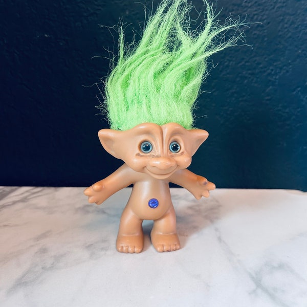 Troll Doll 4” h Ace Novelty Neon Green Hair purple amethyst jewel