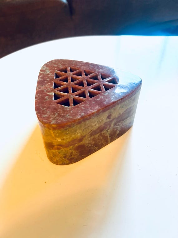 Indian Soapstone Triangular  Box Reticulated Lid … - image 1