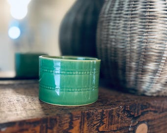 Over and Back Yellow Ware pottery  3.5” d  custard cup Bowl Sage Green Sailboat Mark