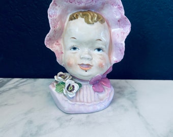 Baby With Pink Bonnet Vase Planter Porcelain 6” h