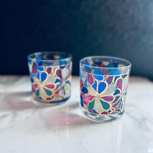 Georges Briard pair Flower Power Old Fashioned Glass Colorful Psychedelic stained glass lowball cocktail glasses