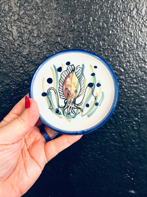 Solimene Vietri Blue squid 4” Trinket Dish Hand Painted Italy