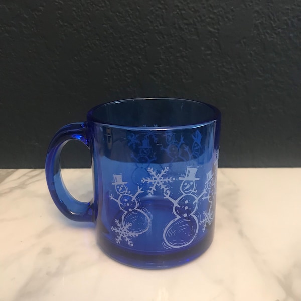 Cobalt Blue Glass Snowman Mug USA Christmas Holidays