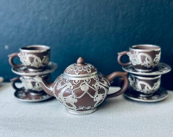 Chinese Yantai Tin Tea Set, Yixing Ceramics Clay Tea Service, Ji Wen Zhai Zisha Tin Inlaid Chinese Memory Teapot Chinese Tea Set