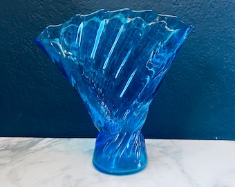 Glass Fan Vase Aqua Blue 8” h Ribbed pattern