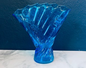 Glass Fan Vase Aqua Blue 8” h Ribbed pattern