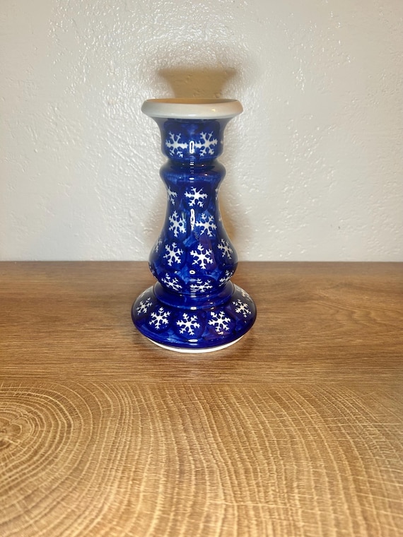 Polish Pottery boleslawiec candleholder snowflake pattern 6.5” h 1” candle opening Poland