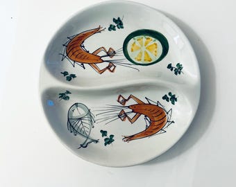 仕切り付き皿 イタリア陶器 直径8.5インチ エビ、柑橘類、魚 地中海 イタリア