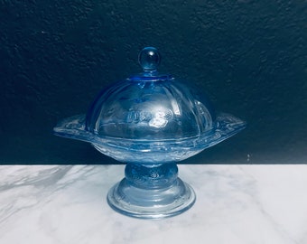 Federal Indiana Depression AA3 Blue Glass Lidded Candy Dish