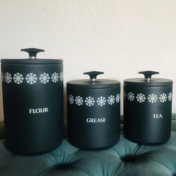 Miracle Maid Canister 3 piece Set Mid Century Snowflake Matte Black Farmhouse Rustic MCM