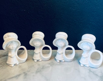 Ceramic Napkin Rings Holders set 4  Little Girl with Bonnet and Basket