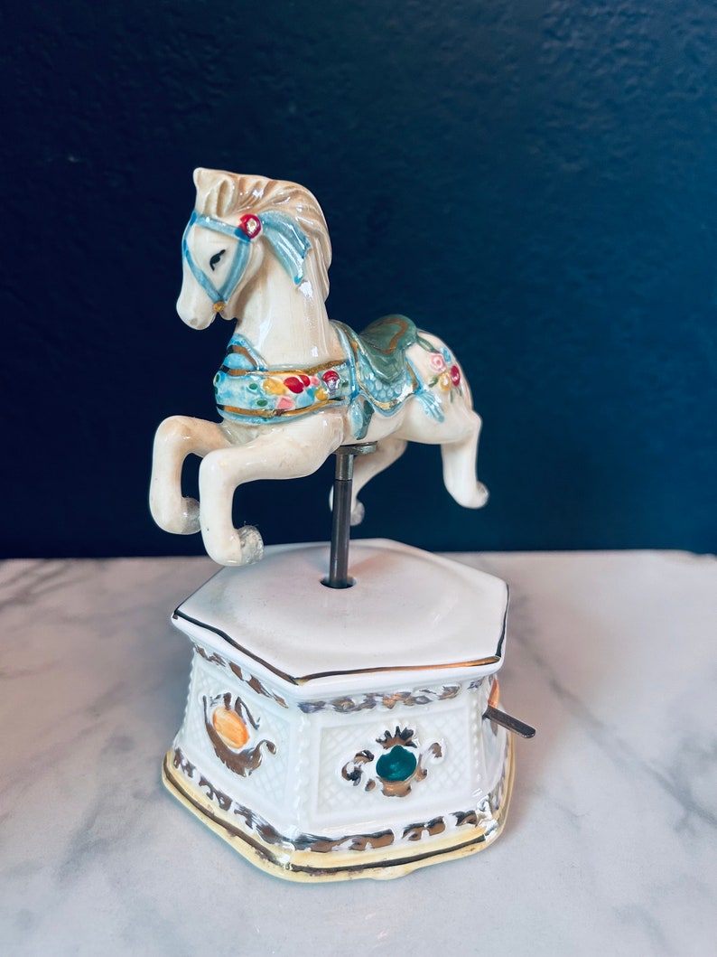 Vintage Schmid Musical Hand Painted 1987 Porcelain Moving Carousel Horse 80s image 2