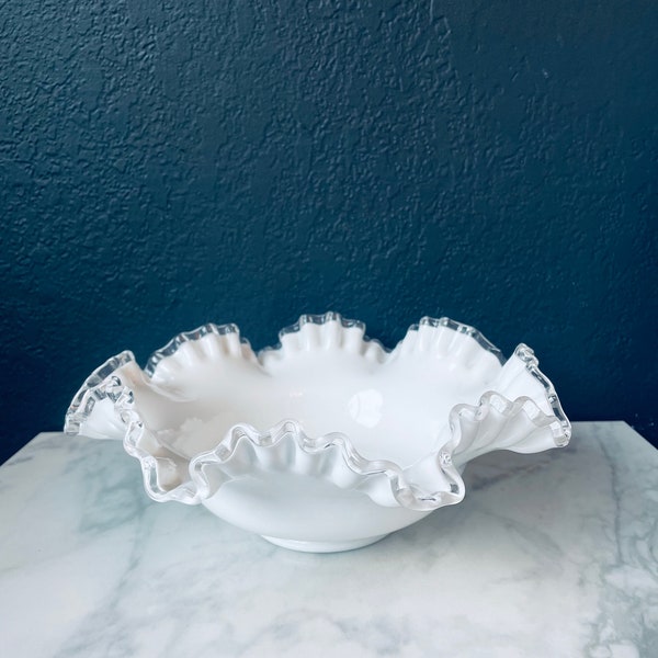 Fenton Silvercrest Milk Glass Ruffled Edge Bowl 10.5” d