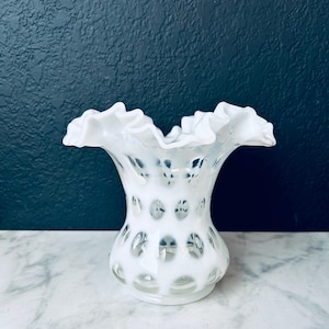 Fenton 6&quot; White Opalescent Coin Ruffled Glass Vase